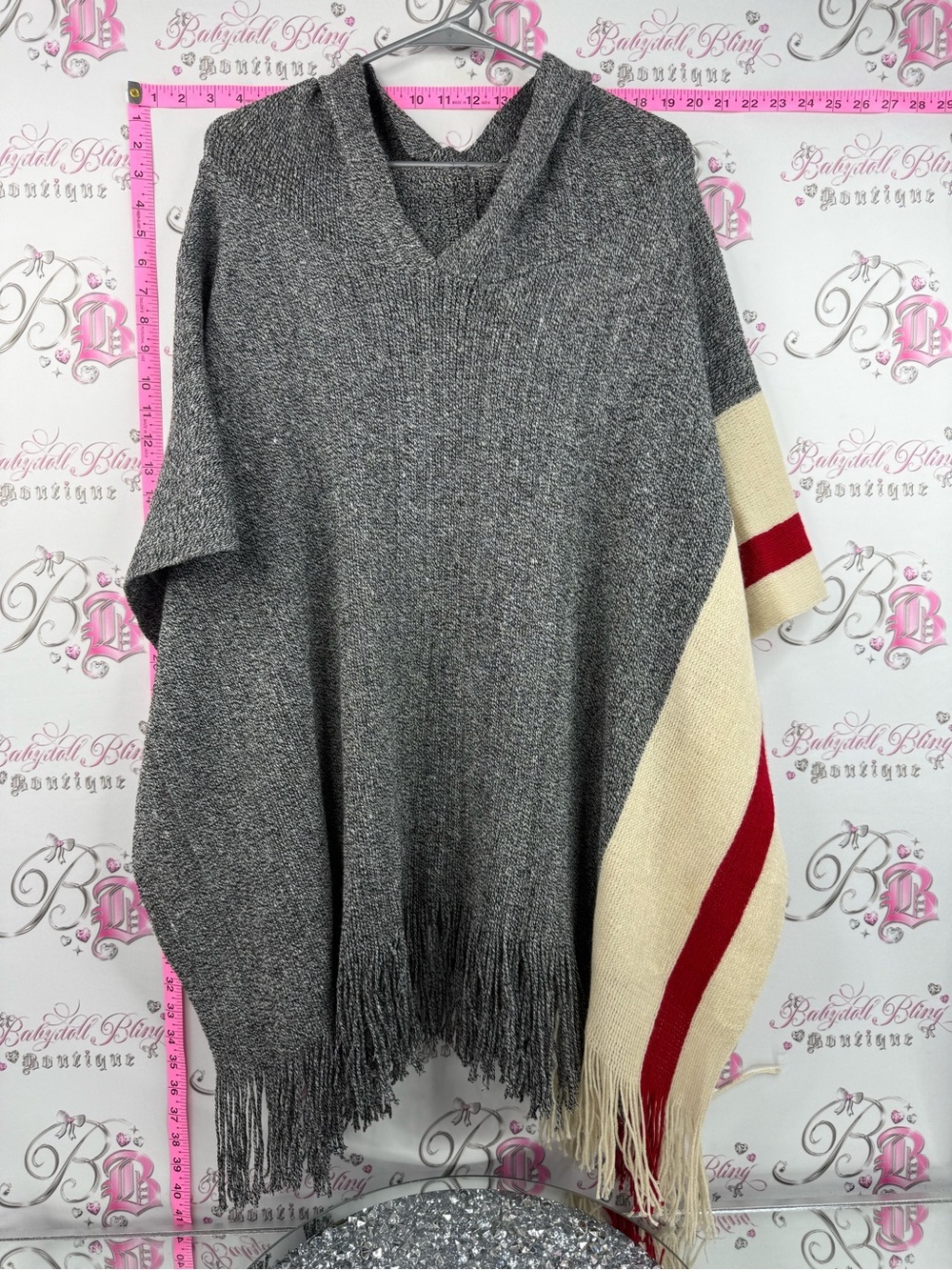 Poncho shawl sweater Gray Fringe Poncho Sweater with Cream & Red Accent -